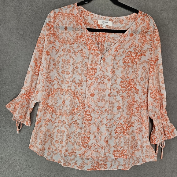 Umgee Tops - Umgee USA Large Popover Sheer Shirt Orange Floral Ruffle Sleeve Boho Cottagecore